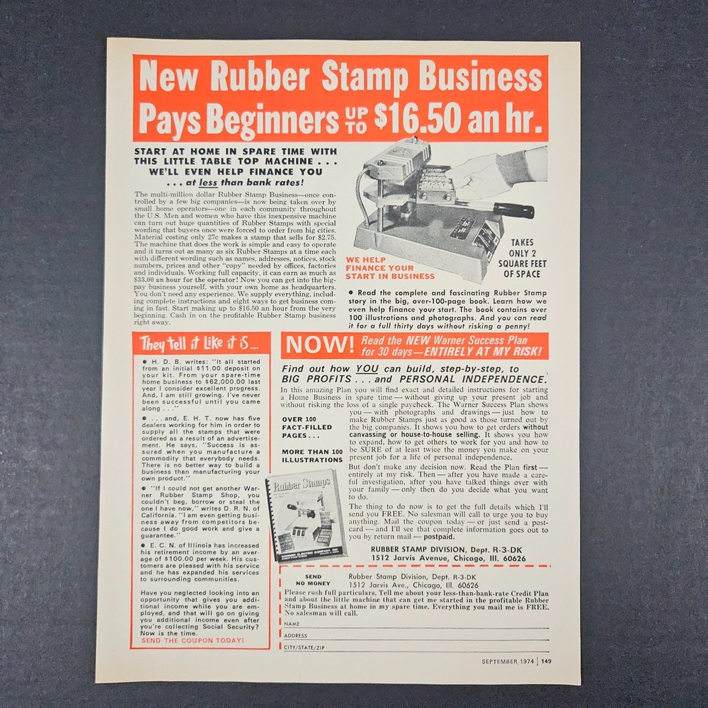 1974‎ Rubber Stamp Business Starter Financing Vintage Print Ad Chicago IL Shop